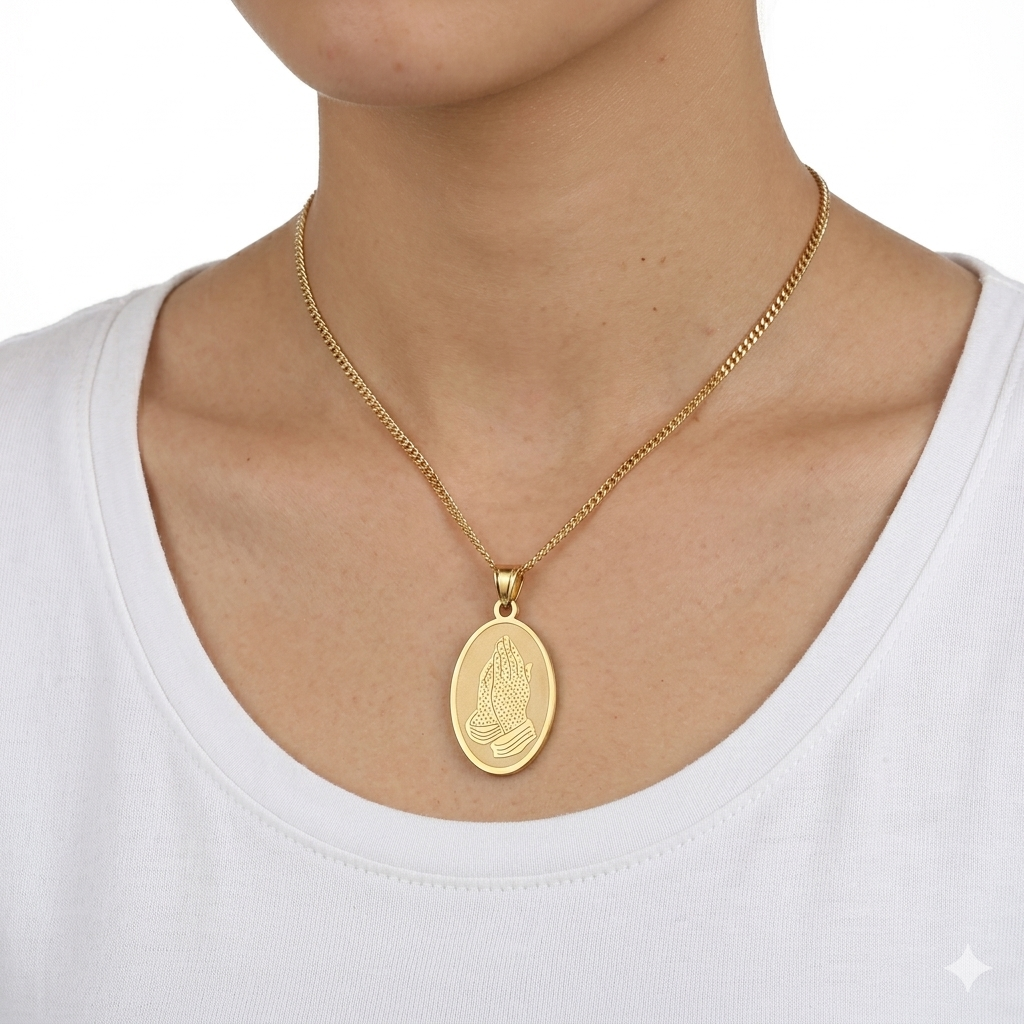 Colar Aço Inoxidável Mãos em Prece - Dourado