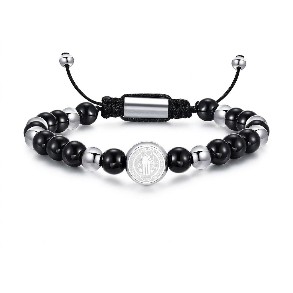 Pulseira Medalha de São Bento (Miçanga Regulável) - Prata com Preto