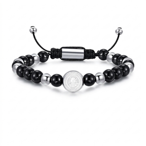 Pulseira Medalha de São Bento (Miçanga Regulável) - Prata com Preto