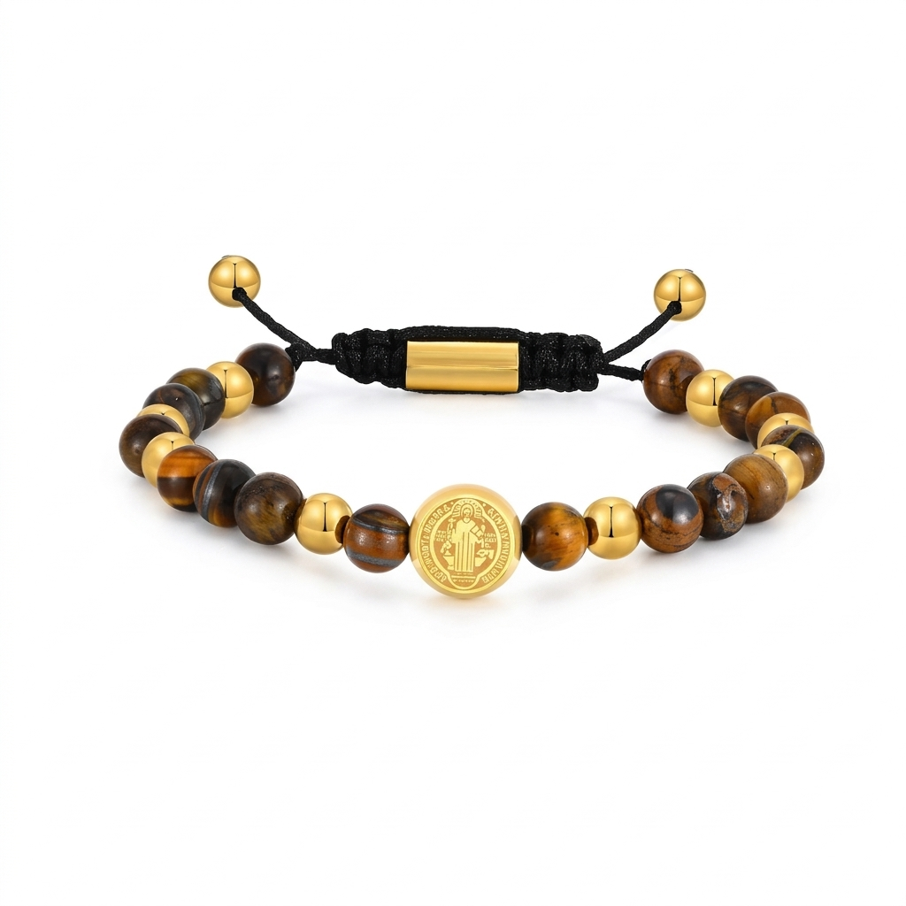 Pulseira Medalha de São Bento (Miçanga Regulável) - Dourado com Marrom