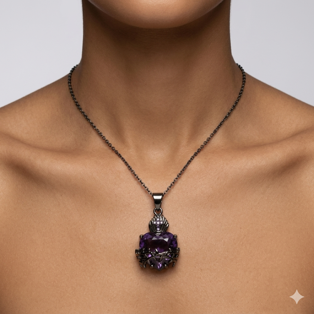 Colar Feminino Aço Inoxidável Sagrado Coração Majestoso - Pérola Negra