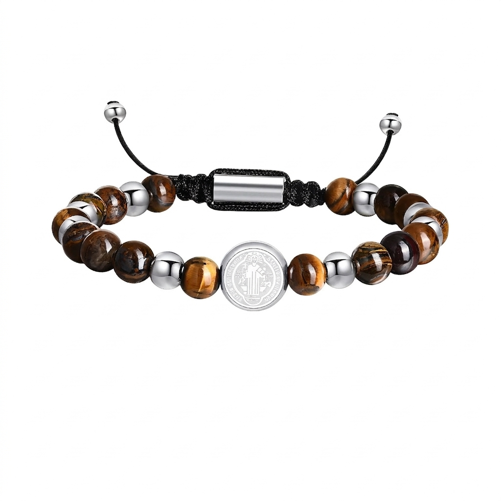 Pulseira Medalha de São Bento (Miçanga Regulável) - Prata com Marrom