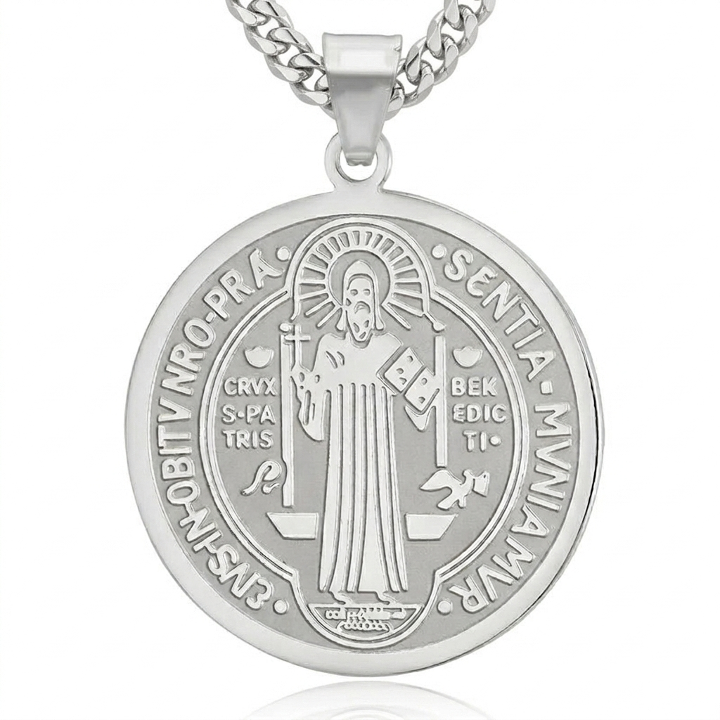 Colar Masculino Aço Inox - Medalha de São Bento lisa - Prata