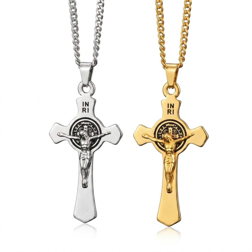 Colar Aço Inox - Crucifixo Medalha de São Bento